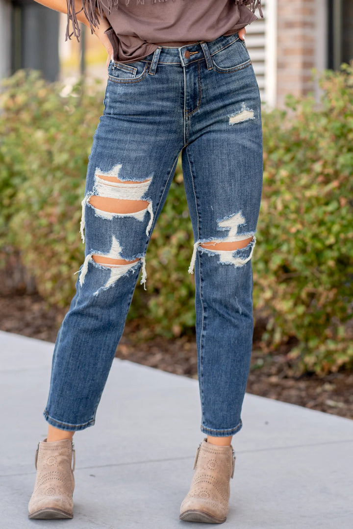 Women Judy Blue mid rise straight Distressed Knee