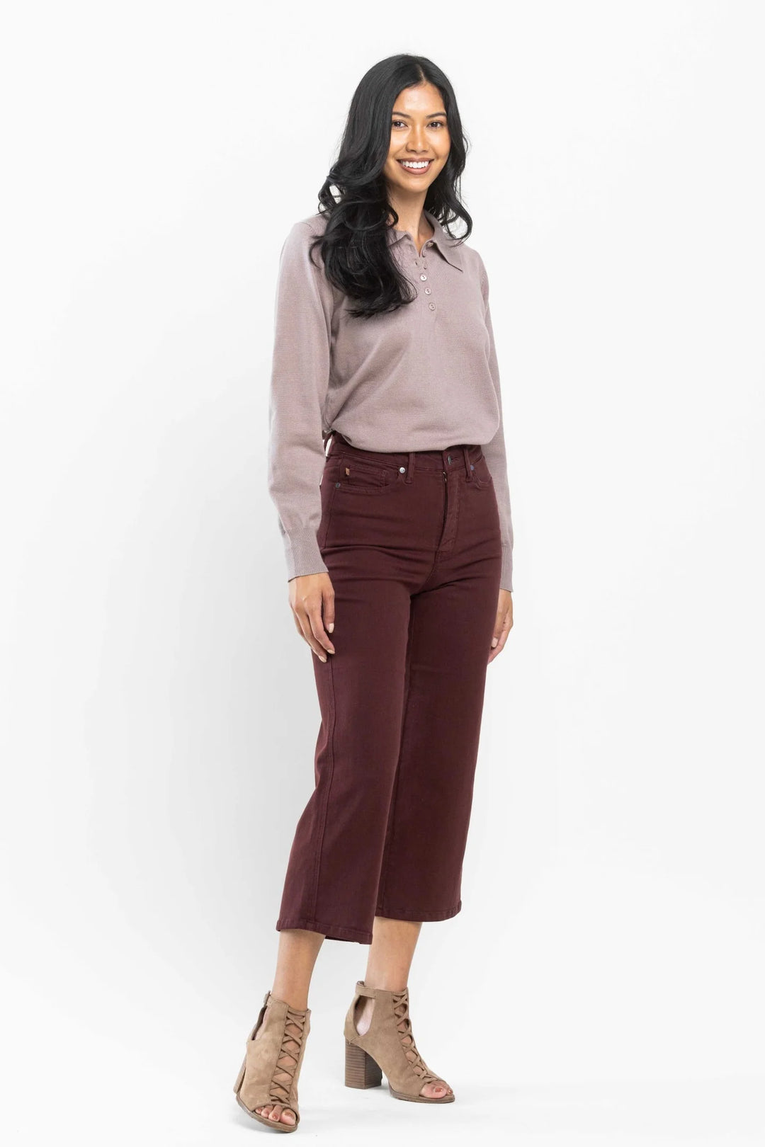 Judy Blue High Waist Tummy Control Wide Crop in Oxblood