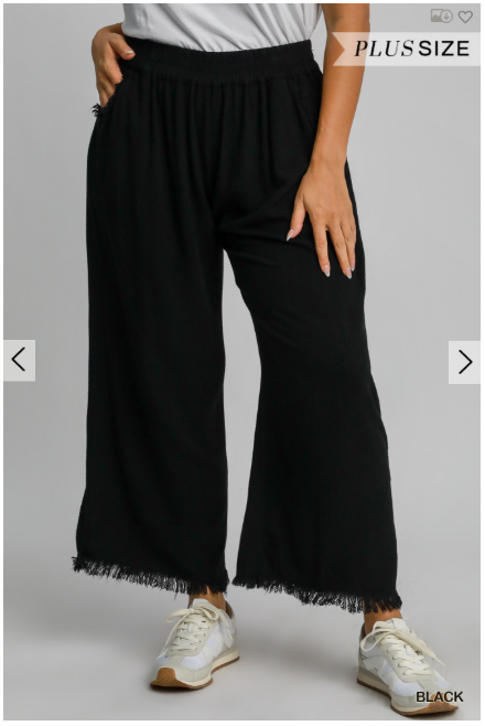 Front view Frayed Hem Wide Leg Linen Pant with Pockets black
