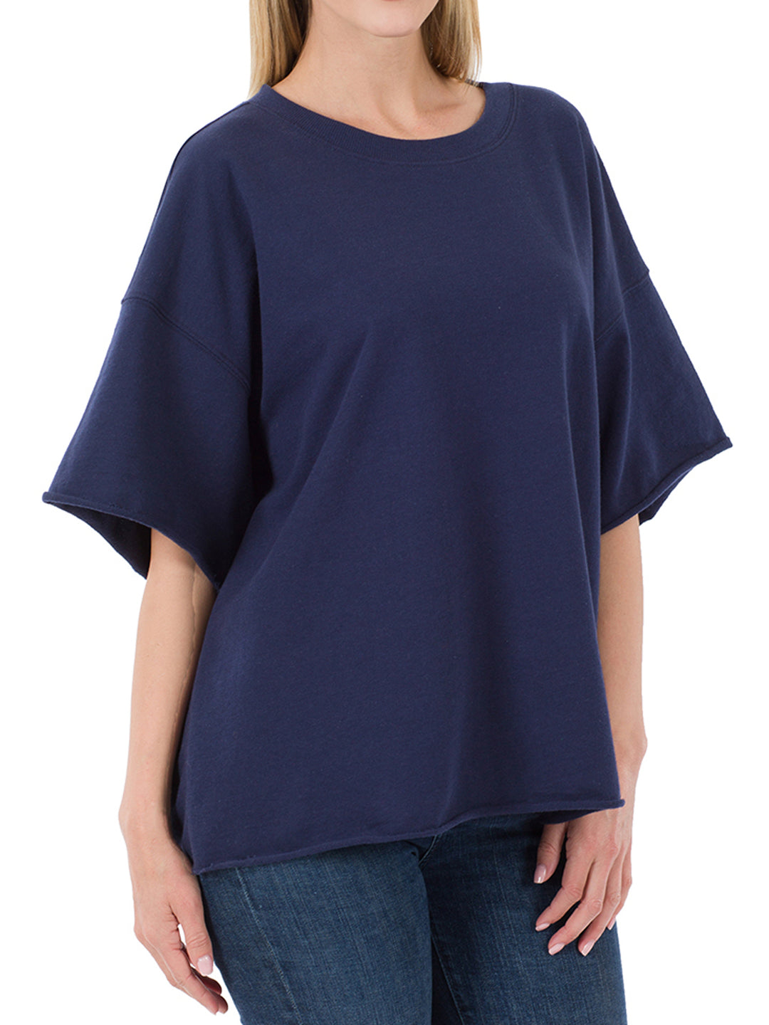 Plus Size terry drop sleeve raw edge top in NAVY BLUE