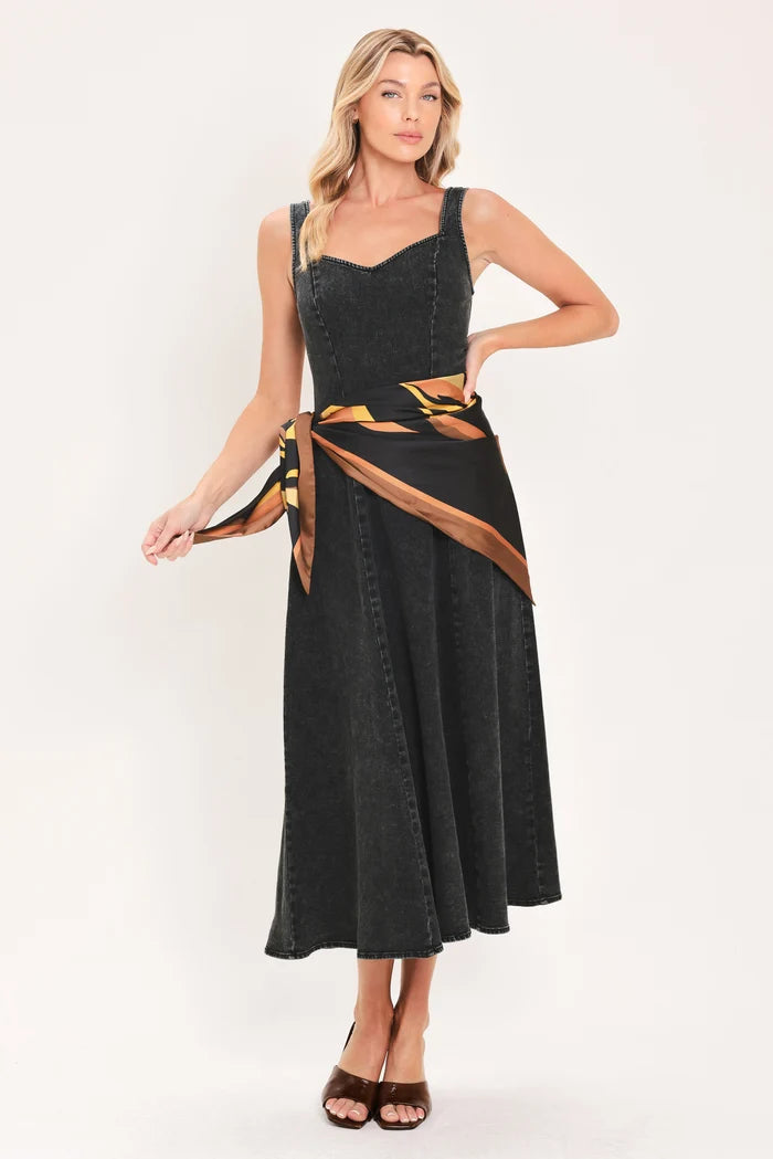 Womens Flying Tomato Black Denim Midi Dress with Scarf