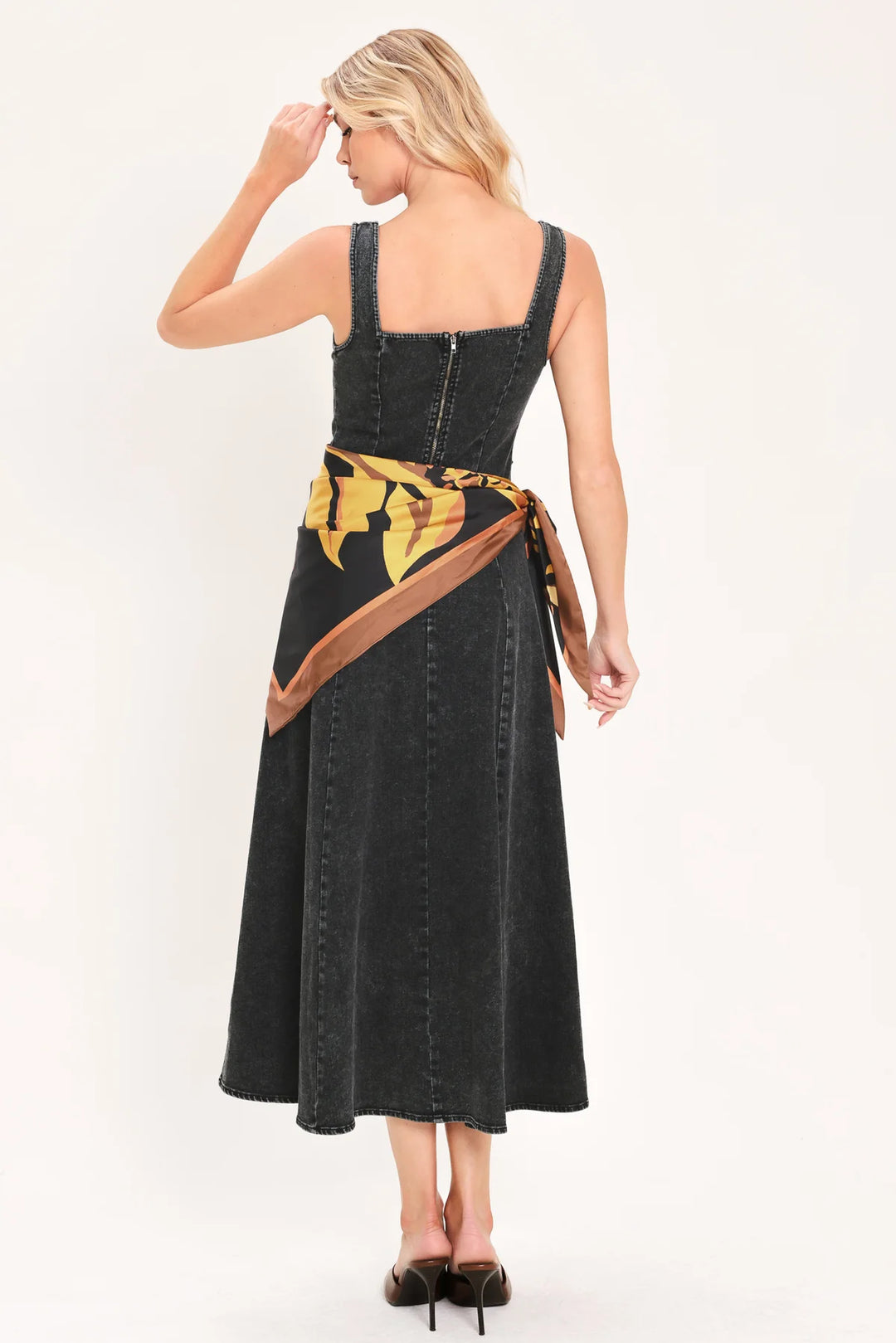 Womens Flying Tomato Black Denim Midi Dress with Scarf