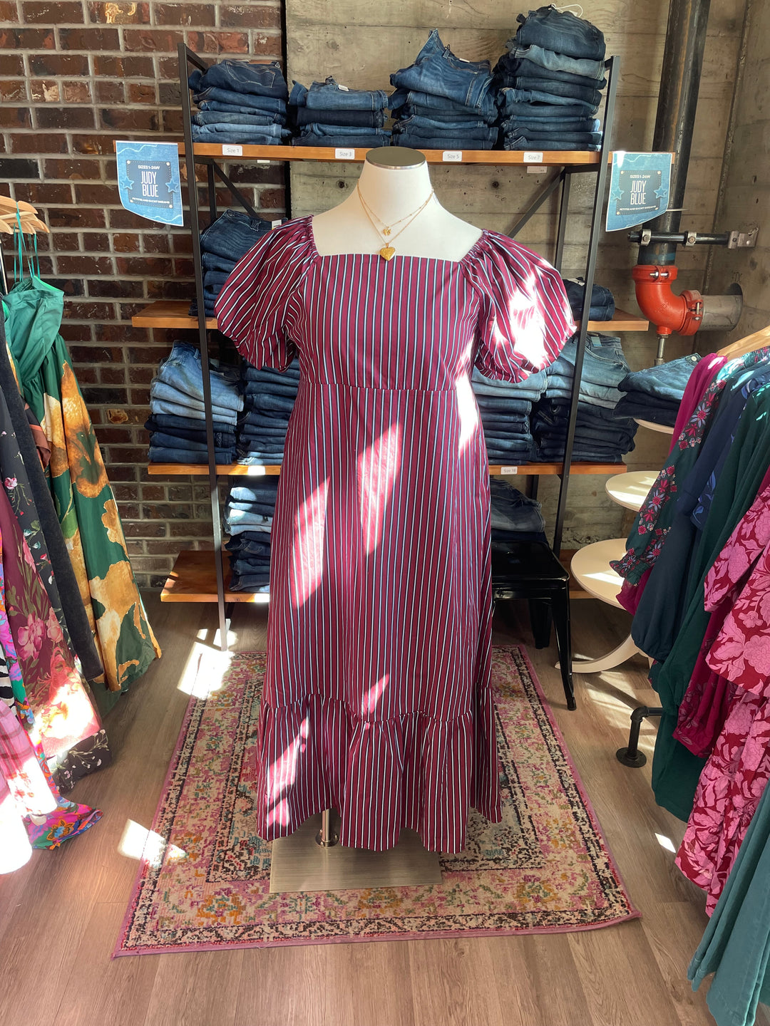 Plus Size Sugar Lips Burgundy and Blue Striped Dress - 100% Cotton