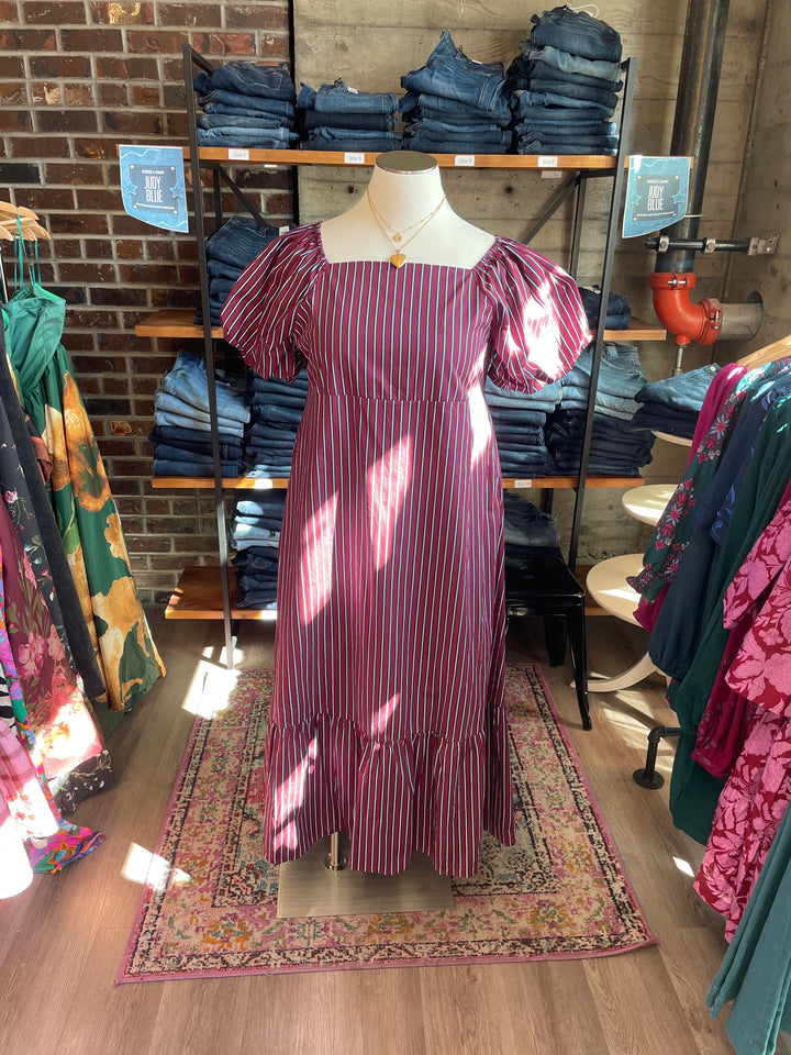 Plus Size Sugar Lips Burgundy and Blue Striped Dress - 100% Cotton