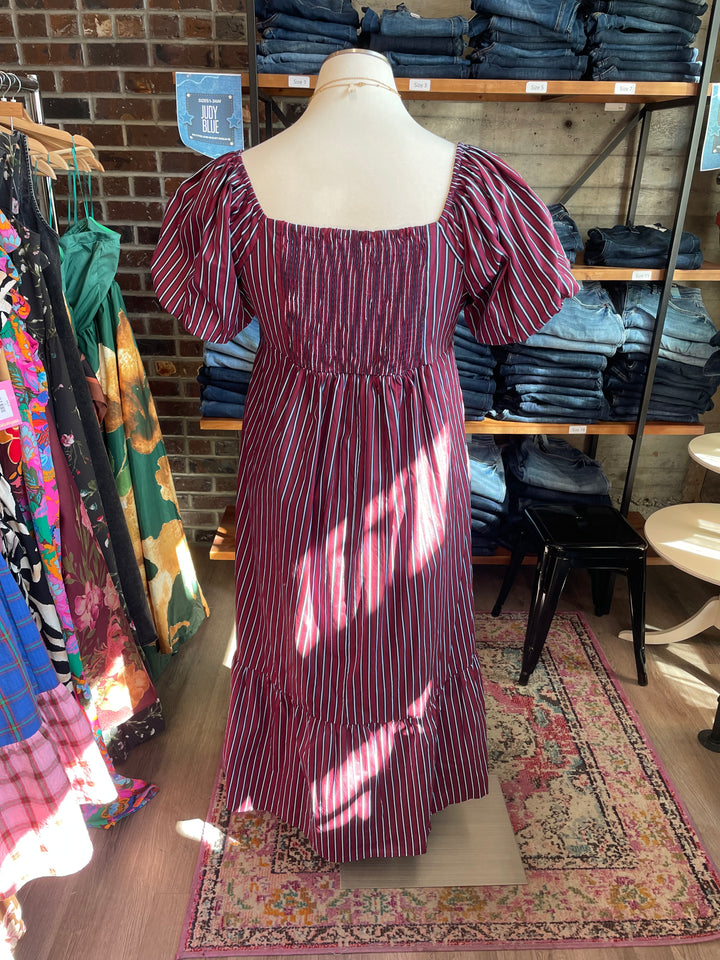 Plus Size Sugar Lips Burgundy and Blue Striped Dress - 100% Cotton