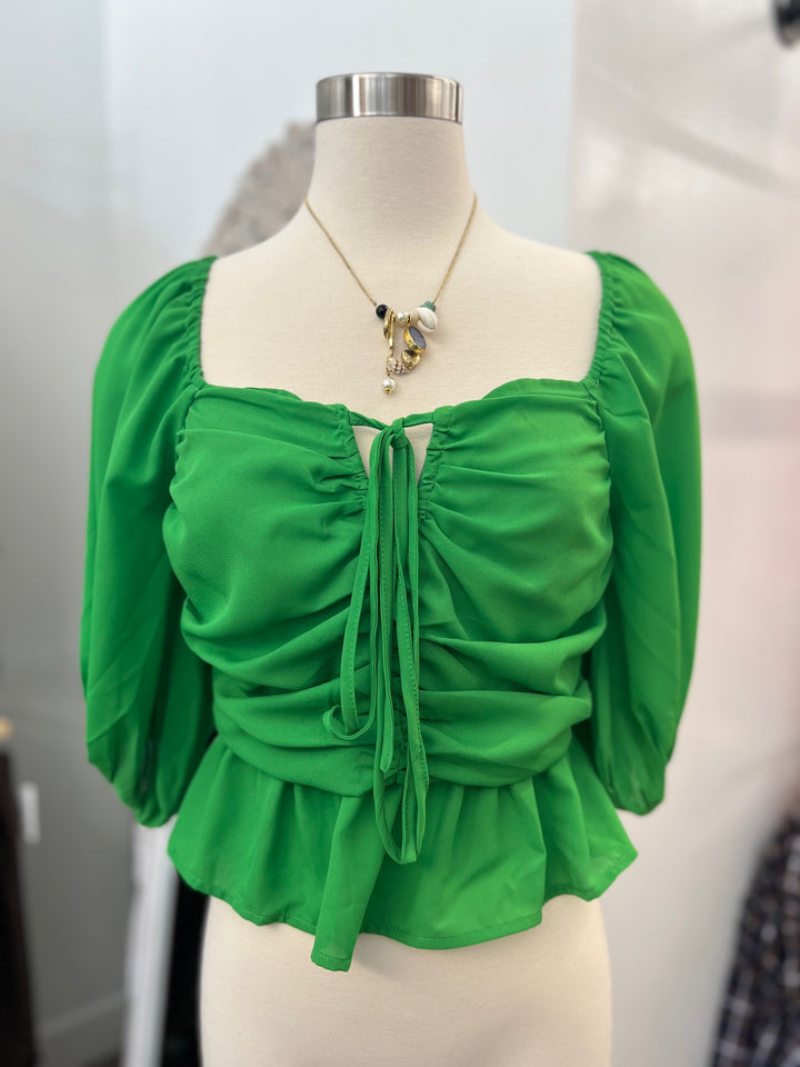 Women's astro green solid top with sweetheart tie neckline
