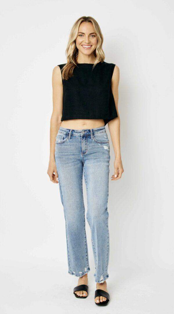 Plus Judy Blue Mid Rise Ankle Distress Jeans in Medium Wash JB88656