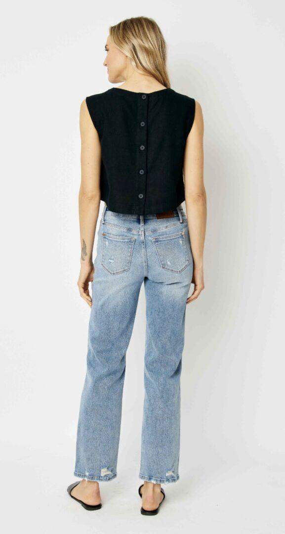 Plus Judy Blue Mid Rise Ankle Distress Jeans in Medium Wash JB88656