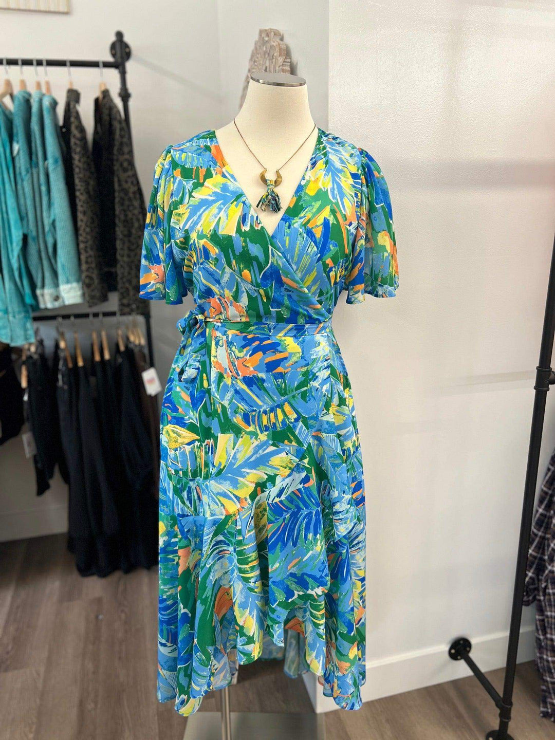 Flying Tomato Plus Size Short Sleeve Blue & Green Tropical Wrap Maxi Dress