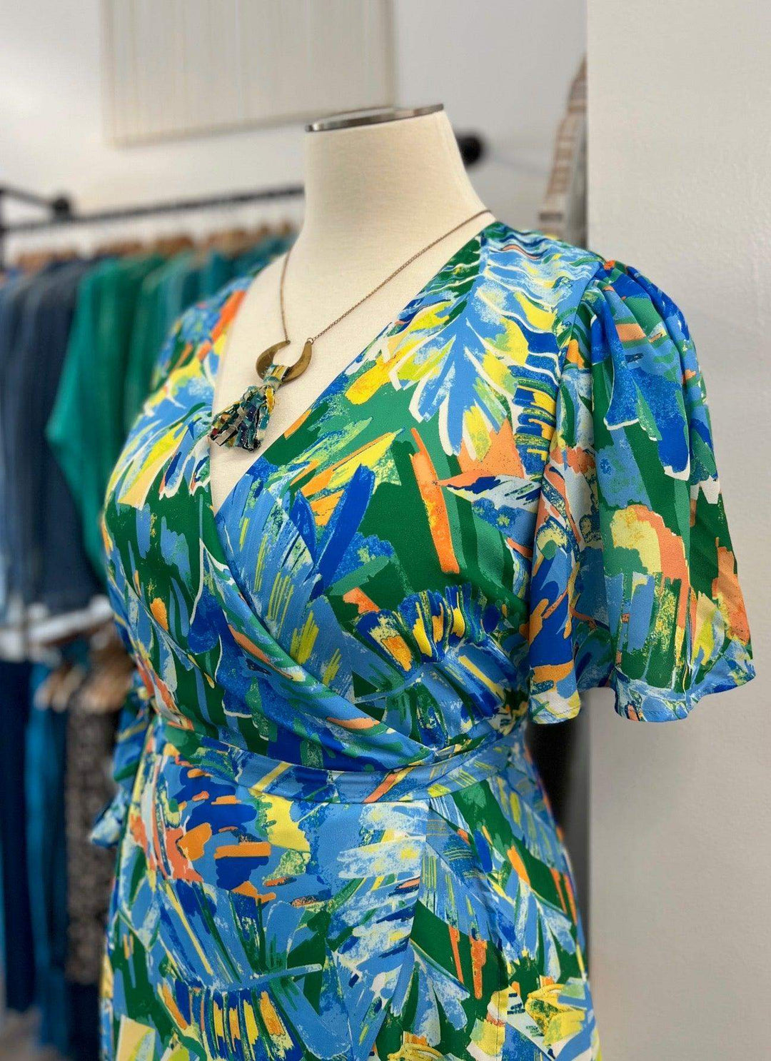 Flying Tomato Plus Size Short Sleeve Blue & Green Tropical Wrap Maxi Dress