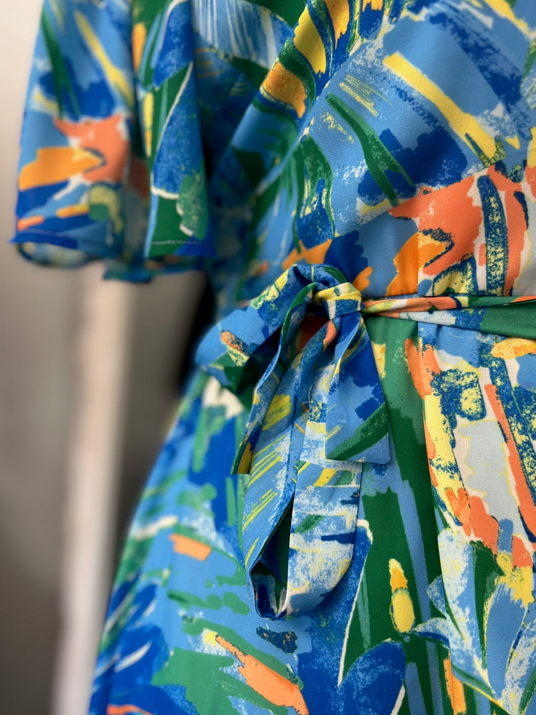 Flying Tomato Plus Size Short Sleeve Blue & Green Tropical Wrap Maxi Dress