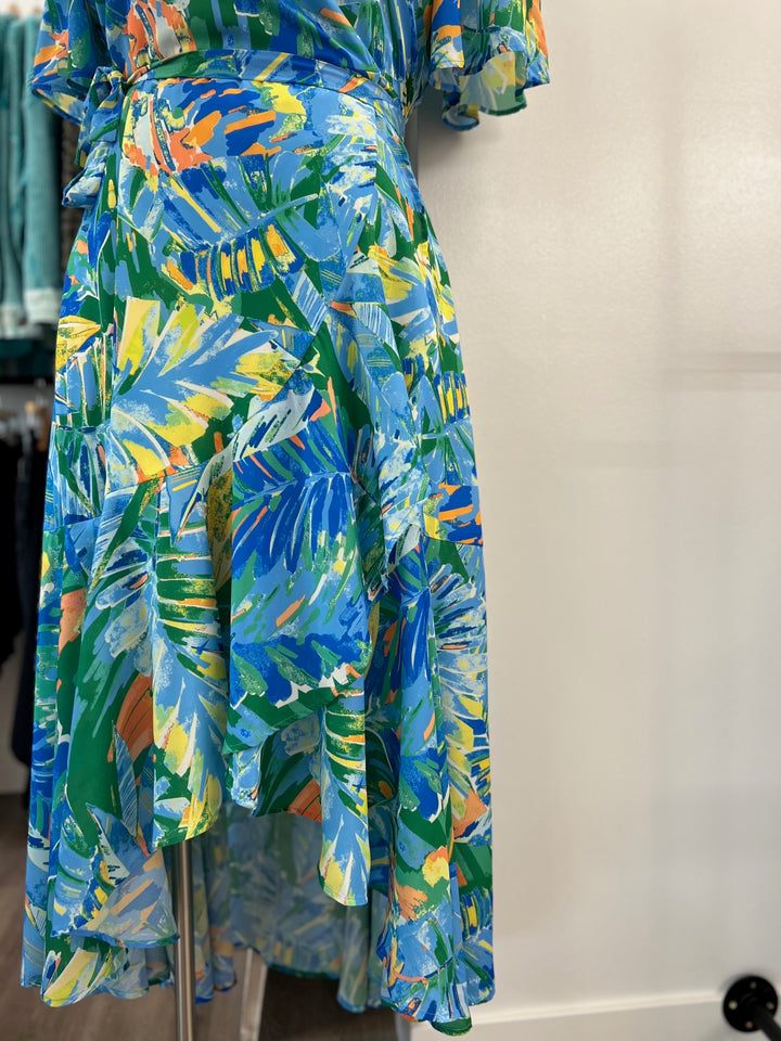 Flying Tomato Plus Size Short Sleeve Blue & Green Tropical Wrap Maxi Dress