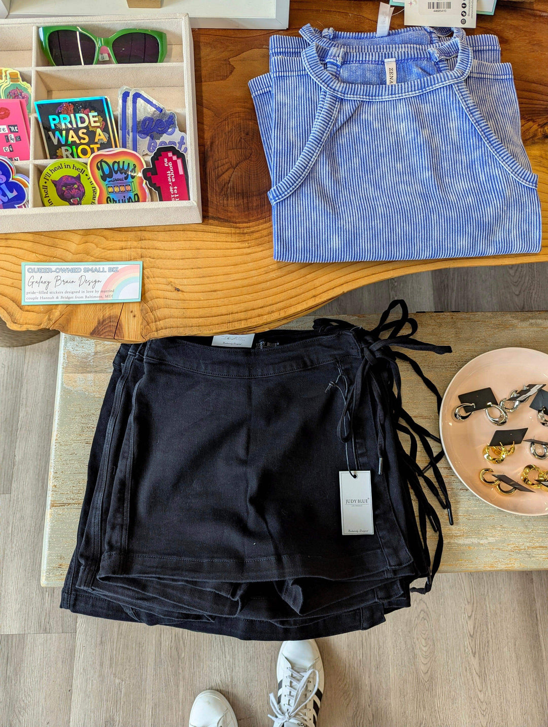 flat lay of judy blue skort on table black with side ties womens sizes