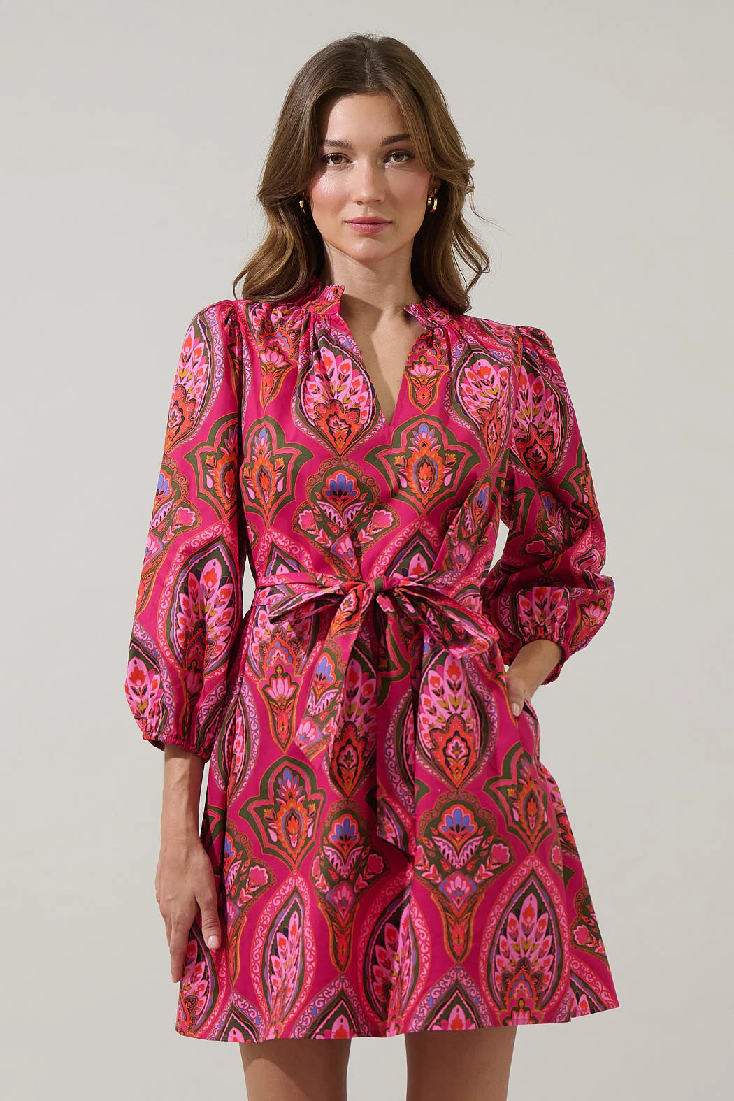 Womens Paisley Print Long Sleeve Elastic Waist Dress, M