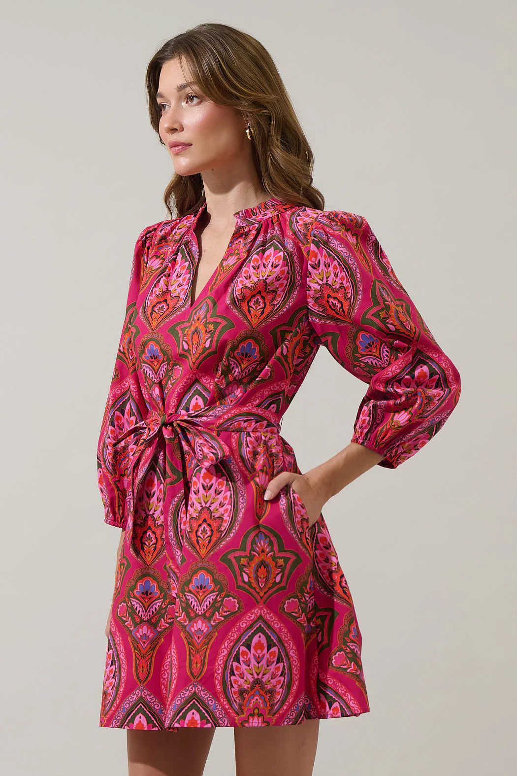 Womens Paisley Print Long Sleeve Elastic Waist Dress