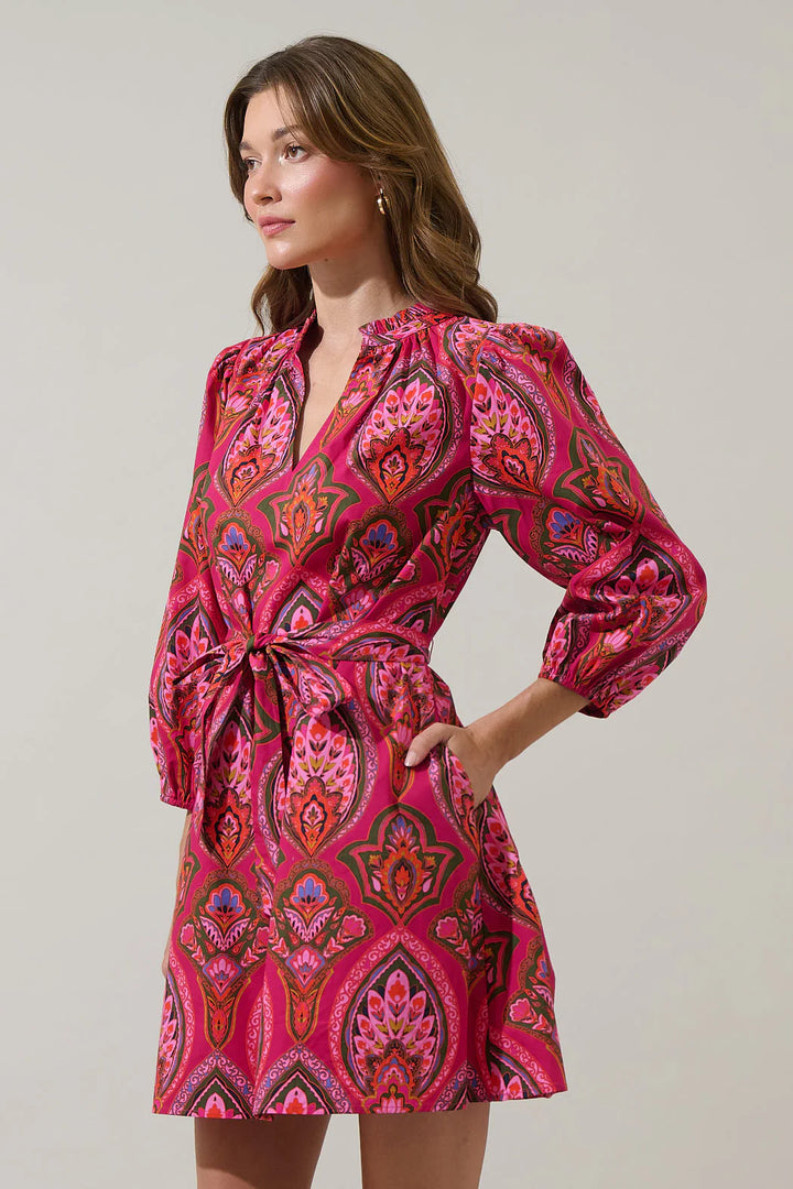 Womens Paisley Print Long Sleeve Elastic Waist Dress
