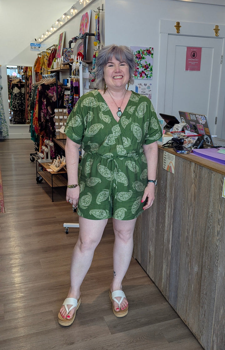 Plus Size Womens Green Paisley Print Romper With Drawstring Waist