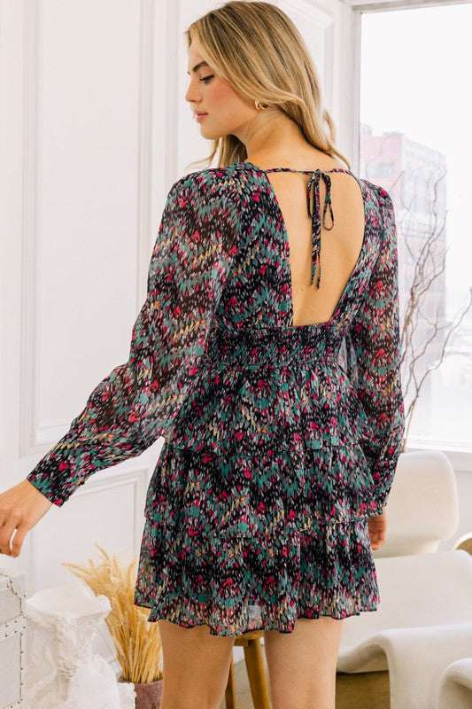 Plus Size Floral V-neckline Tiered Ruffle Mini Dress