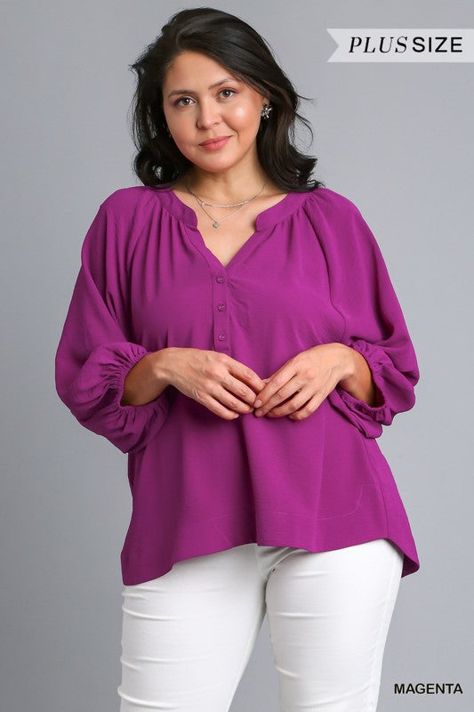 Umgee Plus Size button peasant blouse - Magenta