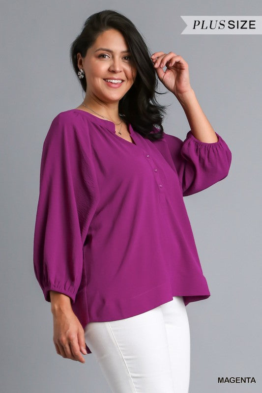 Umgee Plus Size button peasant blouse - Magenta