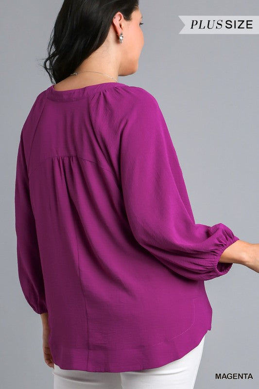 Umgee Plus Size button peasant blouse - Magenta