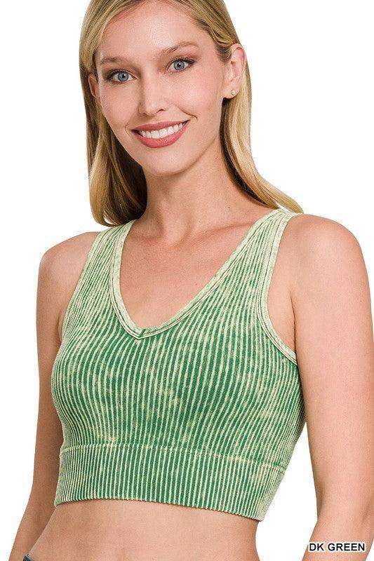 ribbed acid washed crop top in dark green