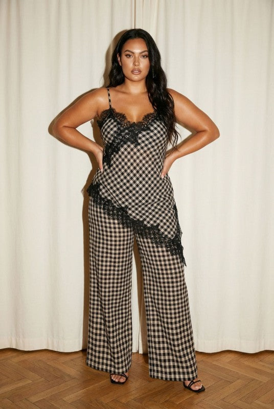 Plus Size Gingham Lace Tank Set