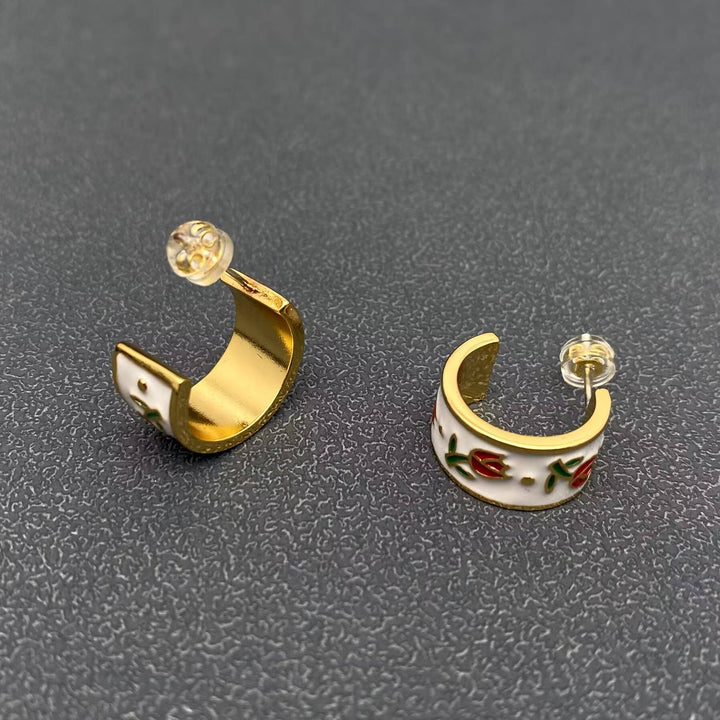 Mio Queena - Enamel Tulip 18K Gold Plated C Shape Stud Earrings