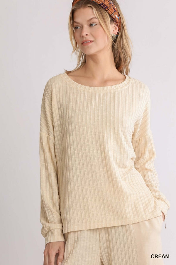 Womens RIbbed long sleeve with side slits in cream