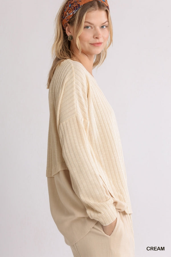 Womens RIbbed long sleeve with side slits in cream