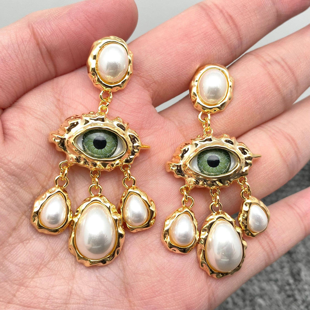 Mio Queena - Temperament Evil Eye & Pearl Charm Dangle Earrings