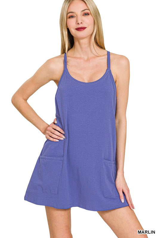 anthro dupe romper pocket blue color front view