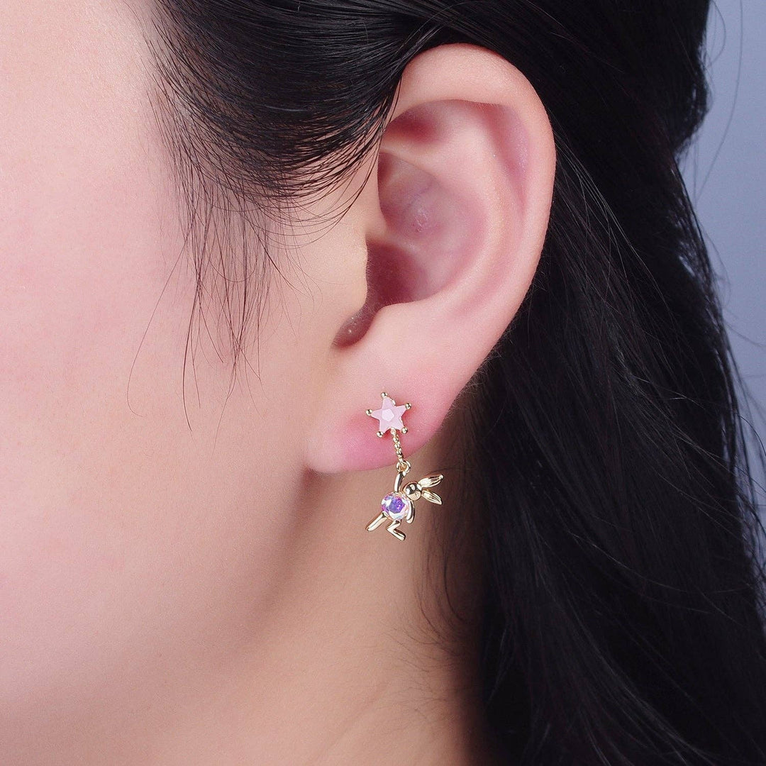 Aim Eternal -CZ Pink Star Studs Earrings W. Rabbit Charm