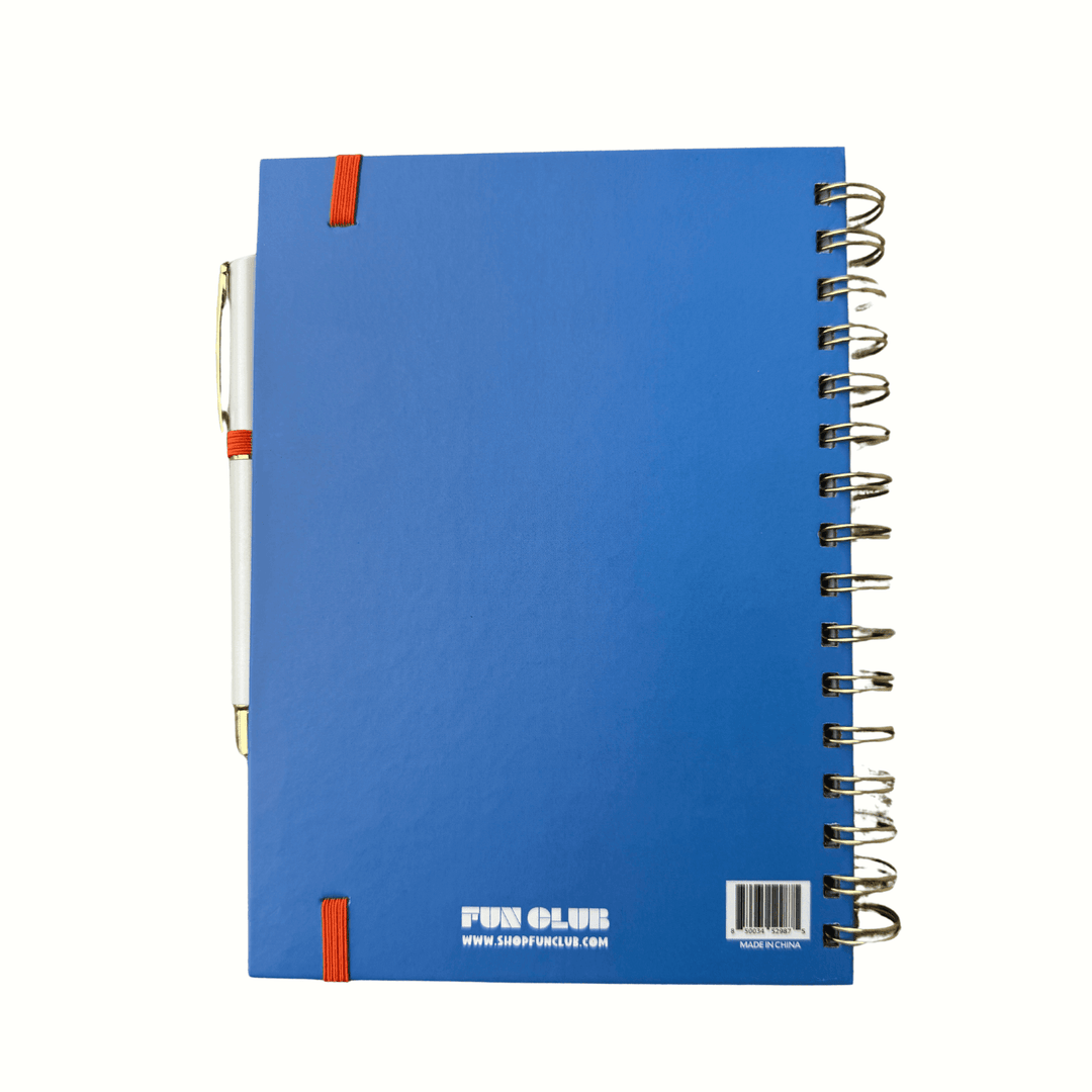 back of funny journal with included pen