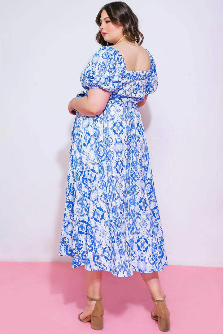 Plus Size Flying Tomato Dress- White and Blue Puff Sleeve Dress
