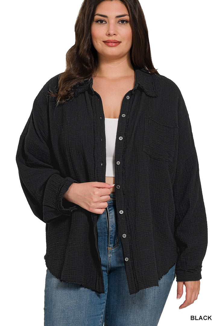 Plus Size double gauze oversized raw edge shirt in Black