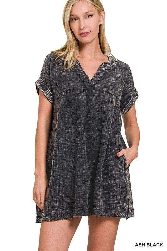 womens black double gauze dress with pockets