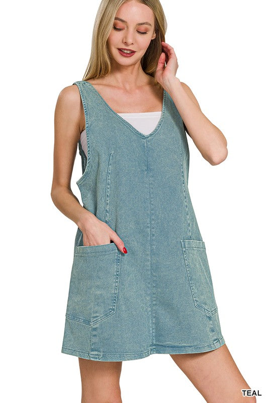 blue overall dress with pockets front view