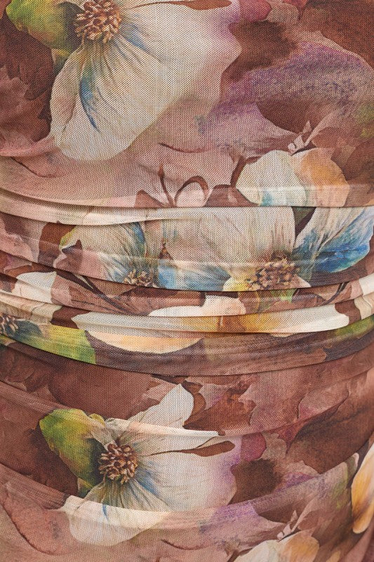 Plus Size Floral Brown ruched mesh dress