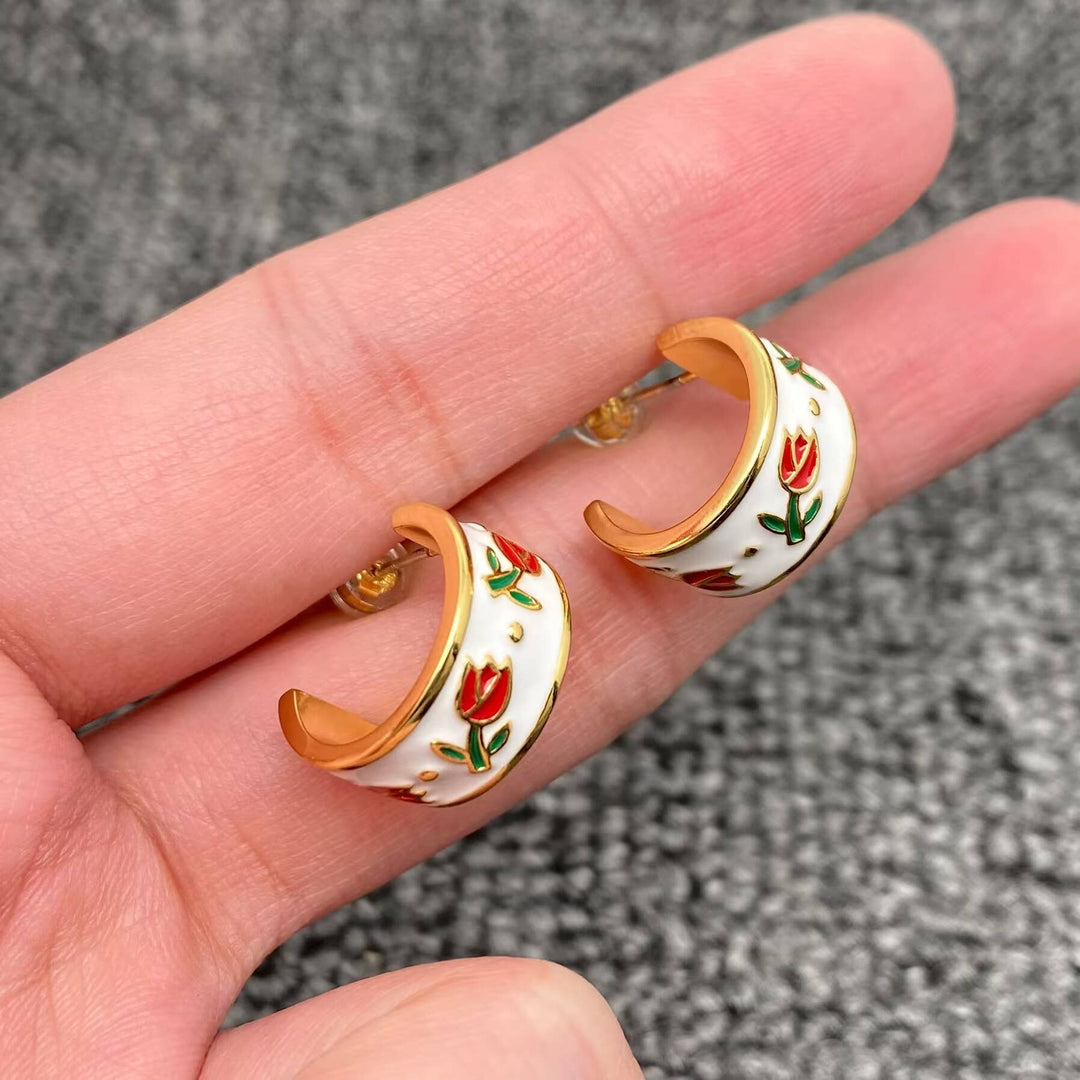 Mio Queena - Enamel Tulip 18K Gold Plated C Shape Stud Earrings