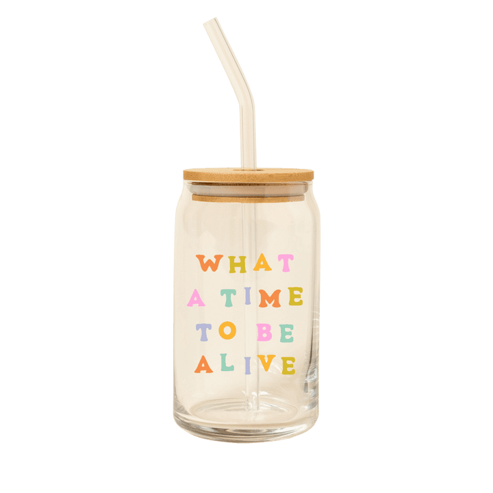 Can Glass w/Lid + Straw: Carnival Check - Esme and Elodie