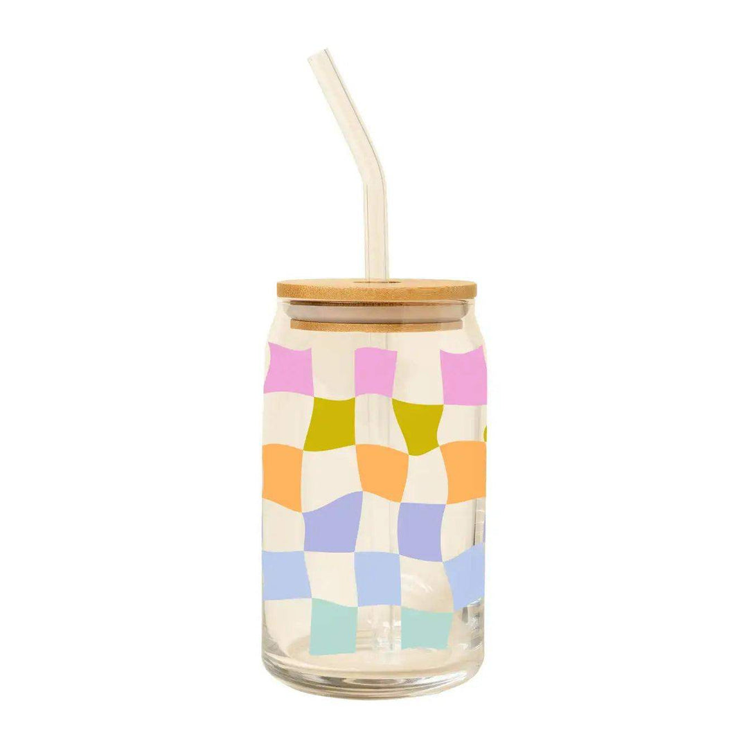 Can Glass w/Lid + Straw: Carnival Check - Esme and Elodie