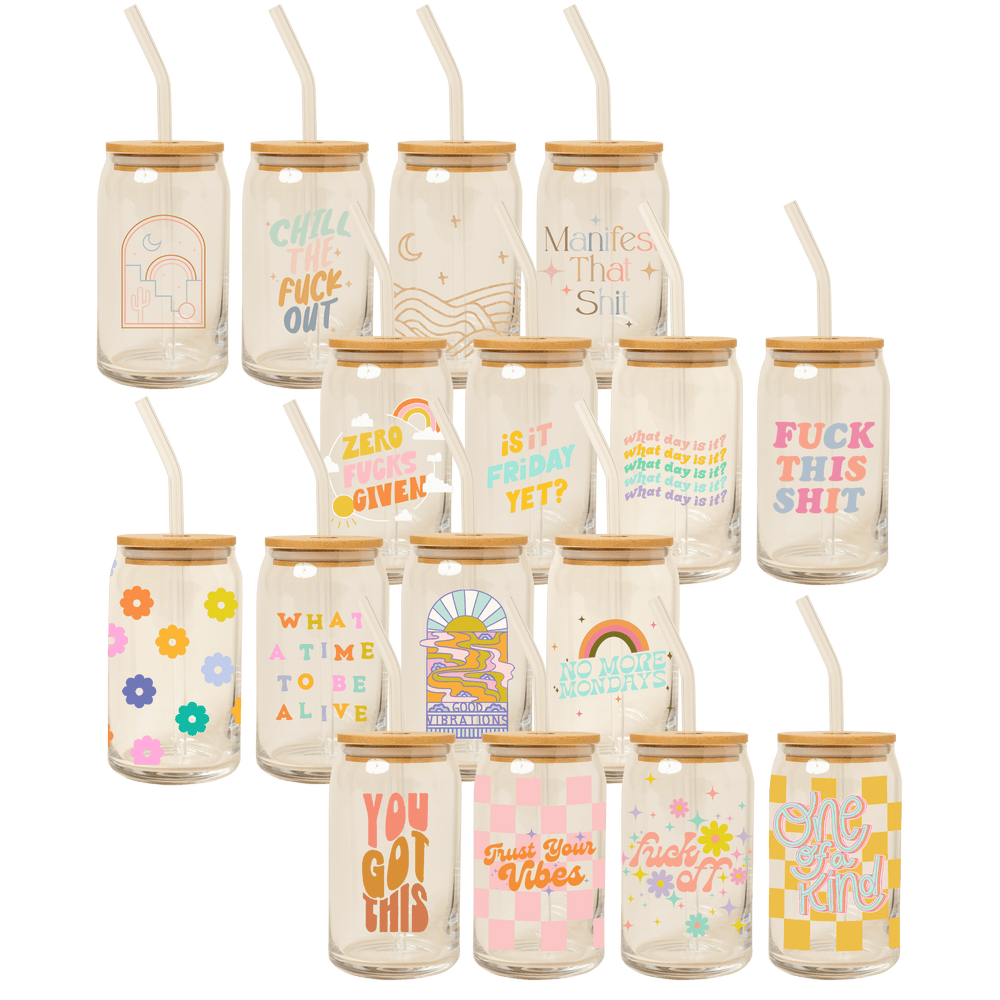 Can Glass w/Lid + Straw: Carnival Check - Esme and Elodie