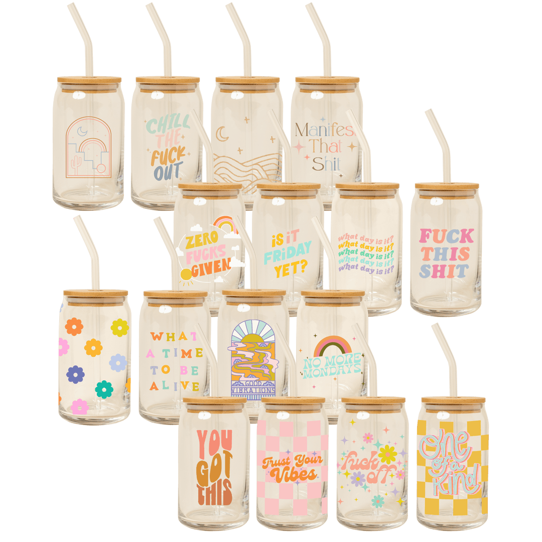 Can Glass w/Lid + Straw: Carnival Check - Esme and Elodie