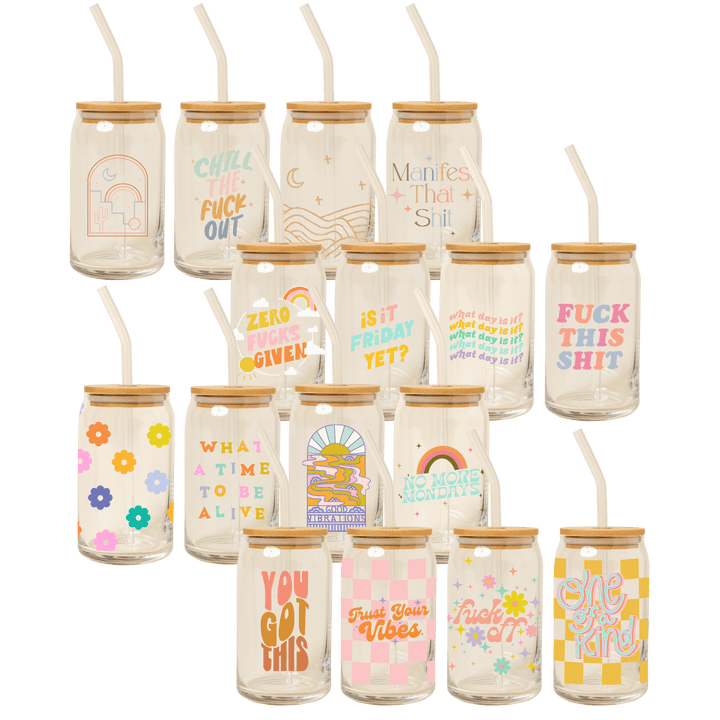 Can Glass w/Lid + Straw: Carnival Check - Esme and Elodie