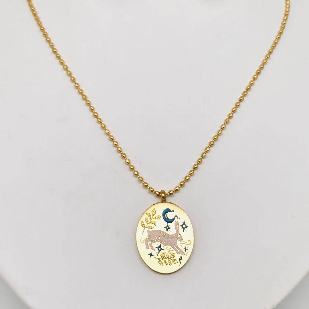 Mio Queena - Painted Enamel Rabbit Oval 18K Gold Plated Necklace - FGS