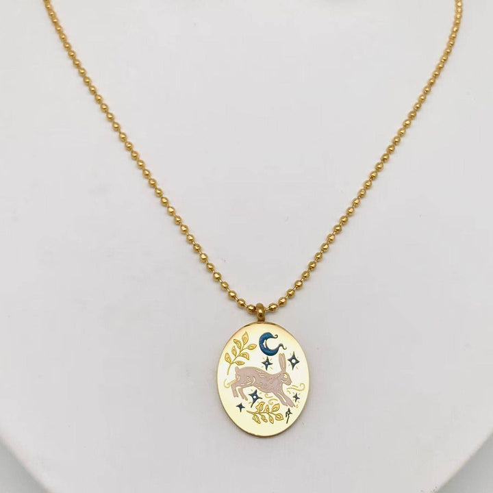 Mio Queena - Painted Enamel Rabbit Oval 18K Gold Plated Necklace - FGS