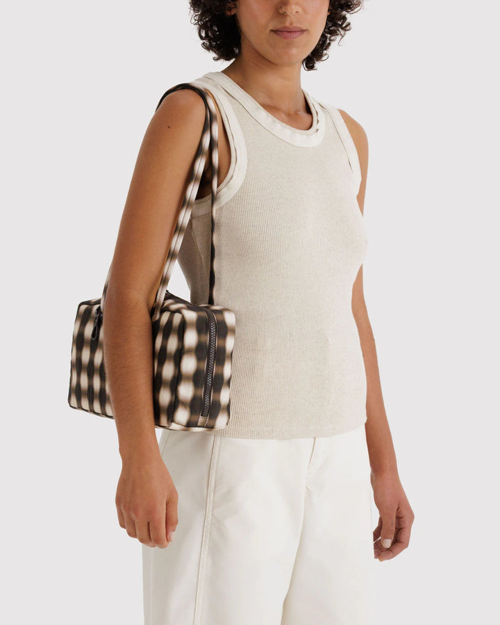 BAGGU- Nylon Bowler Bag Shoulder Purse- Blurred Gingham Brown