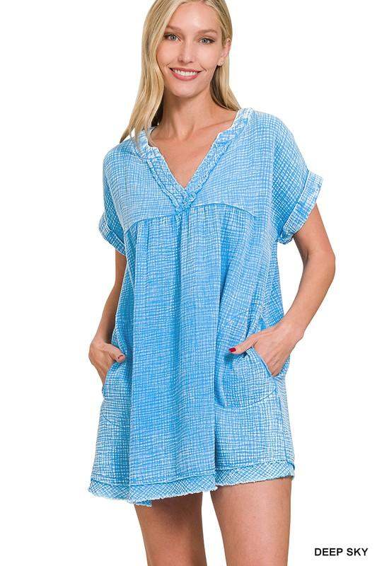 double gauze cotton womens dress in blue with pockets