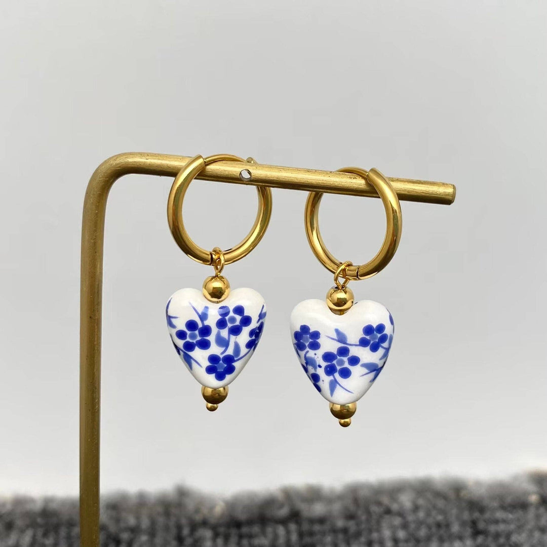 Mio Queena - Blue and White Porcelain 18K Golden SS Huugie Earrings - FGS: A